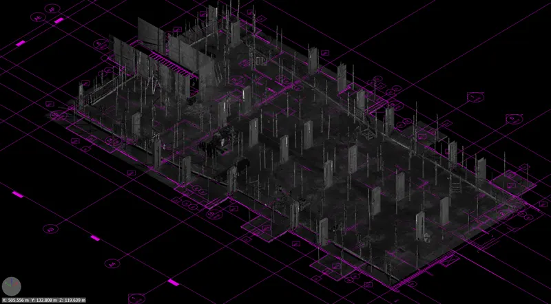 Construction site 3D scan with HP SitePrint robotic layout grid overlay in Calgary