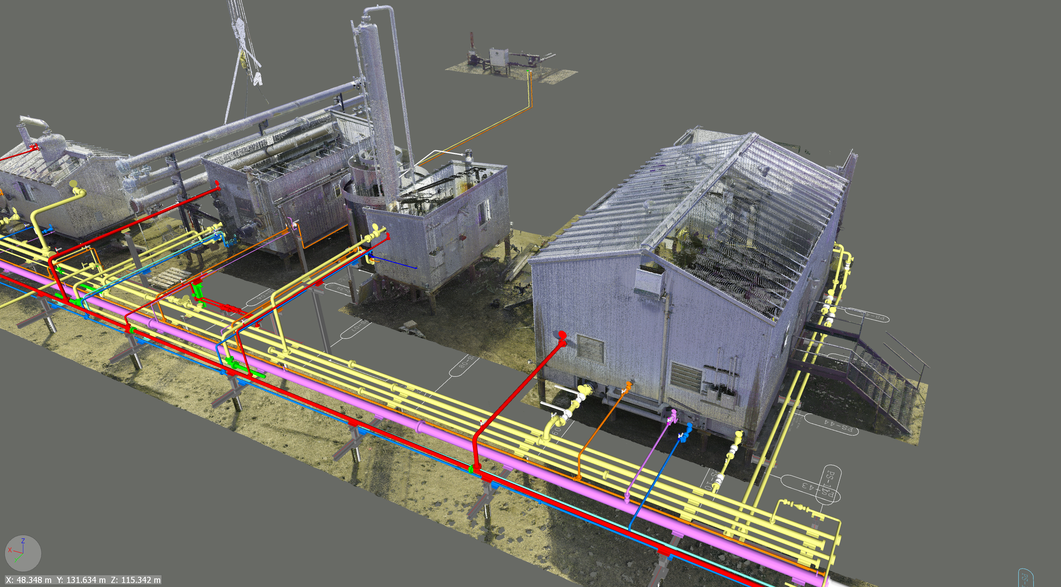 Rubellite battery facility 3D scan with multi-colored piping design overlay