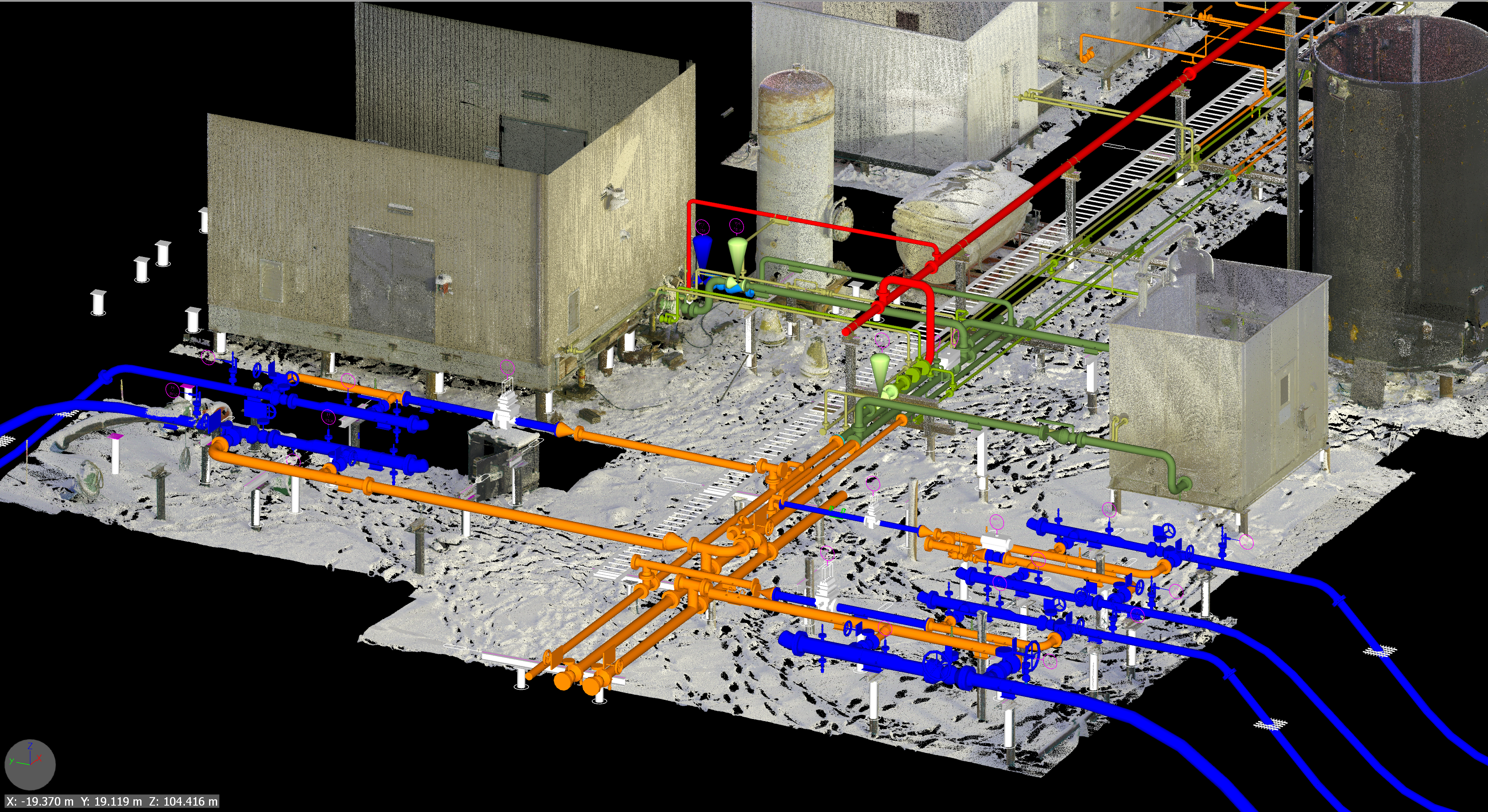 Tamarack 01-30 battery 3D scan with detailed piping routes and equipment layout