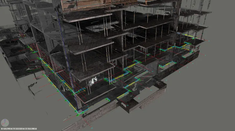 Yellowstone multi-story building 3D scan with robotic site layout integration Calgary